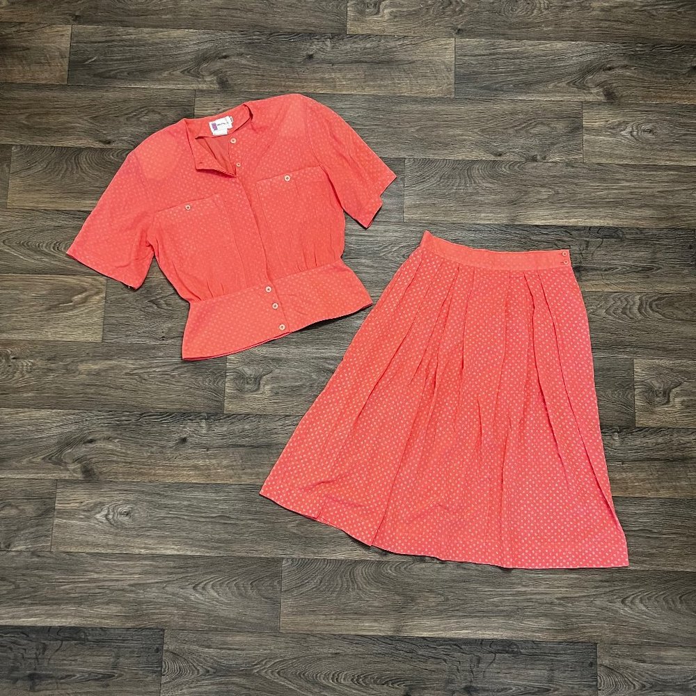 Vintage Prophecy Skirt Set Short Sleeve Pink Coral Salmon Grannycore Size 14